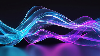 Naklejka premium Abstract background with glowing neon waves in blue and purple. Futuristic, dynamic light trails and flowing energy lines on a dark, reflective surface. 3D render illustration.