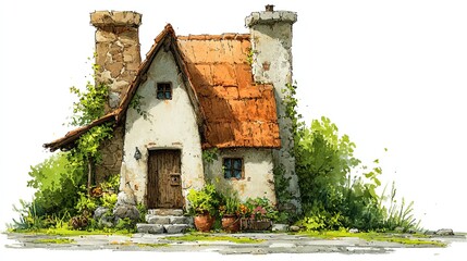 Small house with chimney on white background, cozy cottage exterior design for property, storybook or village art