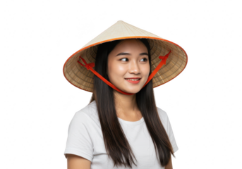 A smiling young asian woman wearing a traditional vietnamese conical hat looks away, isolated on a transparent background