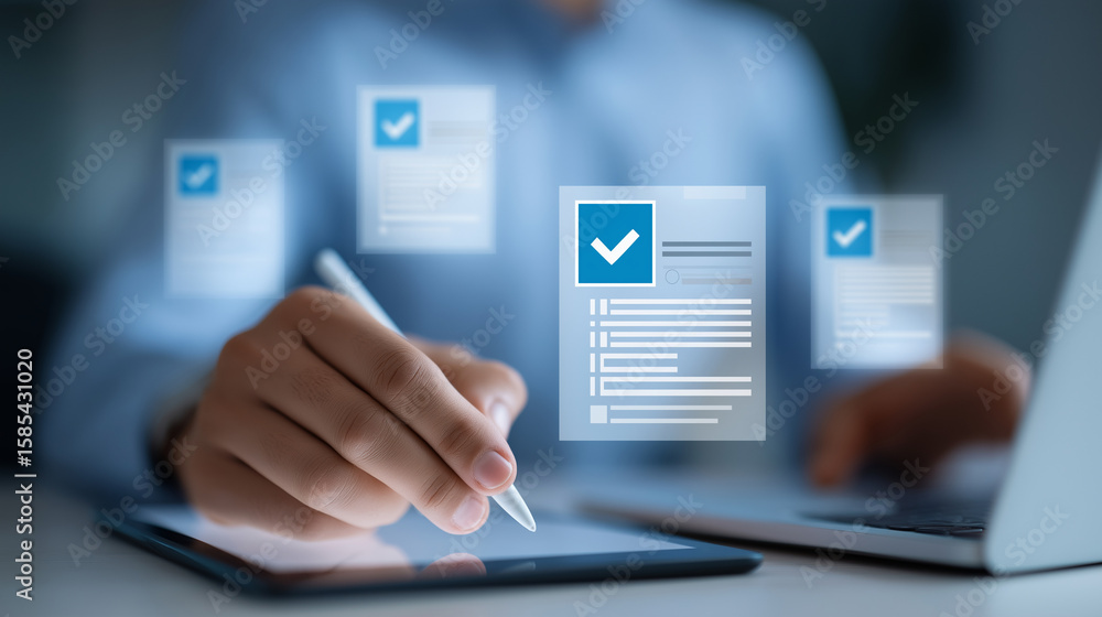 Poster digital hr review interface with candidate profiles and approval checklist