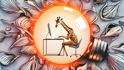 Whimsical giraffe using a computer at a desk, surrounded by artistic shapes and bright elements. Surreal scene blends creativity, humor, and uniqueness, offering a vivid and inspiring image