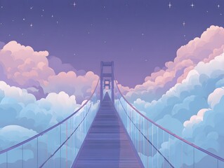 Fototapeta premium Dreamscape Bridge: An awe-inspiring rendering of a suspension bridge, extending into a sea of clouds under a twilight sky, creating a dreamy and ethereal panorama.