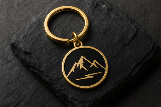 Elegant gold keychain featuring mountain logo design for branding, accessory, or adventure-themed product visuals