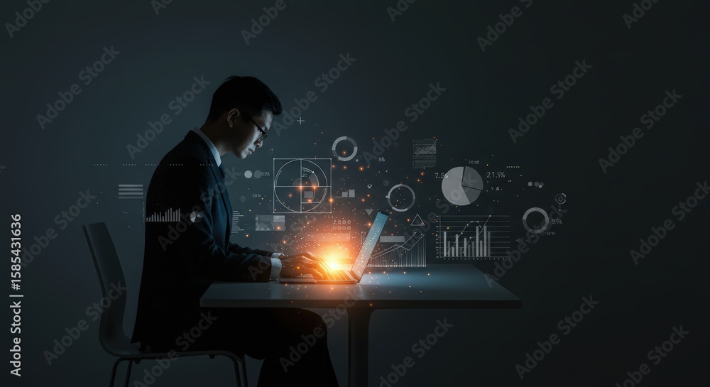 Poster digital business transformation: professional analyzing data with futuristic technology and ai on la