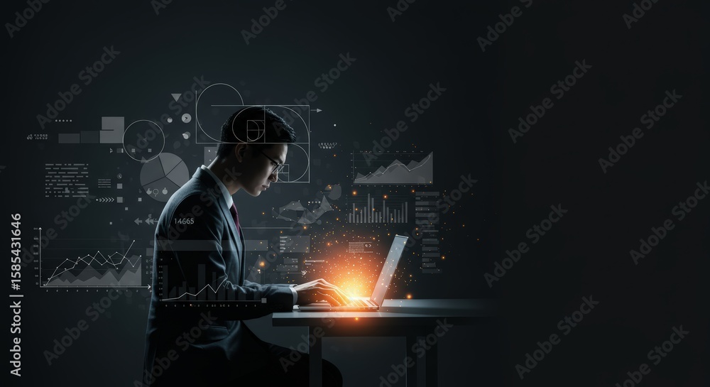 Poster digital business transformation: professional analyzing data on laptop with futuristic interface