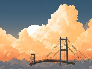 Fototapeta premium Bridge and Clouds: A striking, stylized illustration of a suspension bridge gracefully traversing a sea of fluffy clouds bathed in the warm hues of sunset or sunrise.