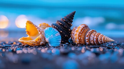 A stunning arrangement of various elegant shells, each uniquely shaped and detailed, resting gracefully on a soft sandy beach, creating a serene and peaceful atmosphere connected to nature’s beauty a