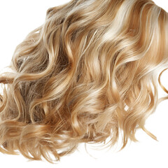 Naklejka premium Long, wavy blond hair with highlights is flowing freely, giving a sense of movement and dynamism, isolated on a transparent background, perfect for beauty and hair care projects 