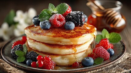 Stack of pancakes with berries and syrup on plate, delicious breakfast setup for brunch, food ad or recipe blog