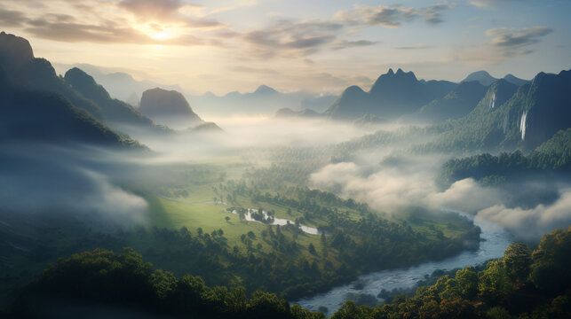 Landscape photography of mountain range covered in fog with river valley and waterfall scenic view