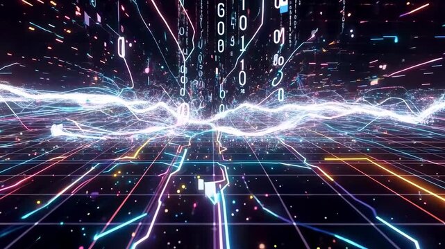 Futuristic digital landscape with vibrant neon lines and binary code flowing through a grid