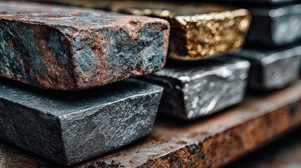 Stacked metal ingots of various materials, industrial metallurgy concept featuring raw resources for heavy manufacturing
