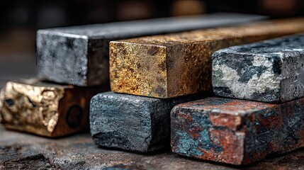 Stacked metal ingots of various materials, industrial metallurgy concept featuring raw resources for heavy manufacturing