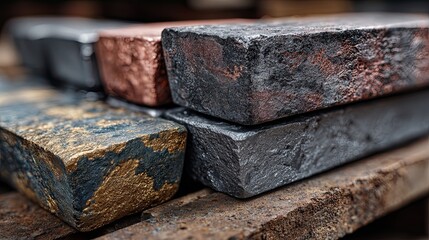 Stacked metal ingots of various materials, industrial metallurgy concept featuring raw resources for heavy manufacturing
