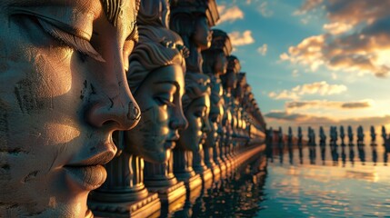 This fascinating image showcases a series of intricately carved stone faces, reflecting beauty and emotion, set against a serene water backdrop that enhances their artistic craftsmanship and the time