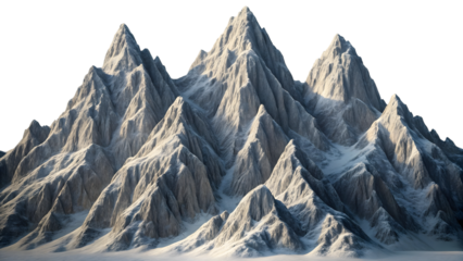 Majestic jagged snow capped mountain range with dramatic peaks and valleys isolated on transparent background
