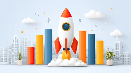 Startup business growth strategy illustration with rocket and graphs, financial boost and innovation concept scene