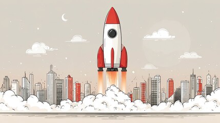 Startup business growth strategy illustration with rocket and graphs, financial boost and innovation concept scene