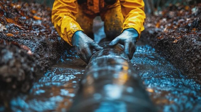 Worker Repairing Pipeline: A worker, clad in protective gear, meticulously repairs a segment of pipeline, set within a natural, earth-toned environment, embodying industry and perseverance.