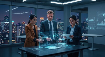 Global Business Team Analyzing Data with Futuristic Holographic Displays in Modern City Office