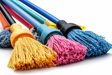 A vibrant assortment of cleaning mops in various colors aligns beautifully, showcasing their practical yet appealing design. This image emphasizes the importance of cleaning tools in maintaining a cl