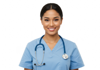 A smiling female nurse in blue scrubs wearing a stethoscope, isolated on a transparent background
