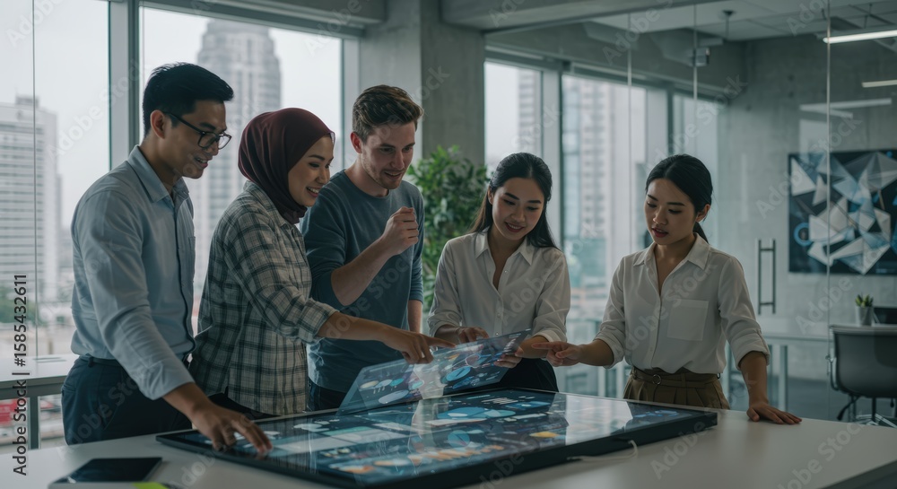 Poster diverse business team collaborating on interactive data display in modern office