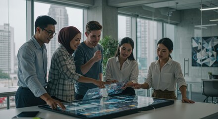 Diverse Business Team Collaborating on Interactive Data Display in Modern Office