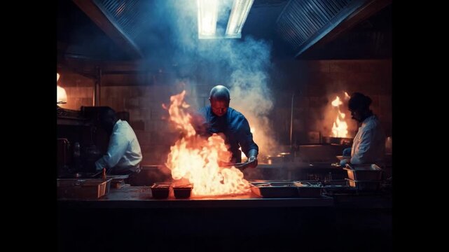 Culinary Blaze: A chef orchestrates a culinary performance, enveloped in the mesmerizing dance of flames during food preparation, evoking a sense of expertise and a dynamic cooking process