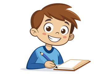 Colorful and cheerful illustration of a cartoon boy sitting at a wooden desk, writing in a notebook with a blue pen