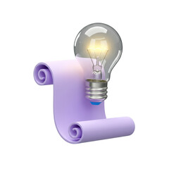 3d Illuminated light bulb resting on a rolled purple scroll isolated on transparent background