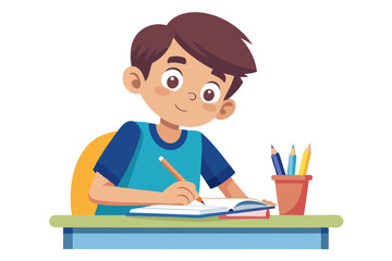 Colorful and cheerful illustration of a cartoon boy sitting at a wooden desk, writing in a notebook with a blue pen