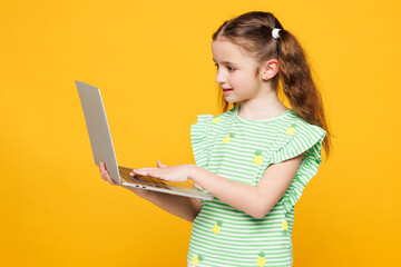 Little smiling smart IT kid child girl 8-9 years old wear green t-shirt hold use work on laptop pc...