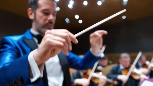 Maestro's Symphony: A distinguished conductor leads a symphony orchestra in a harmonious display of musical prowess, with a captivating play of light and shadow on the instruments.