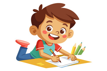 Colorful and cheerful illustration of a cartoon boy sitting at a wooden desk, writing in a notebook with a blue pen