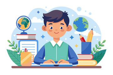 Colorful and cheerful illustration of a cartoon boy sitting at a wooden desk, writing in a notebook with a blue pen