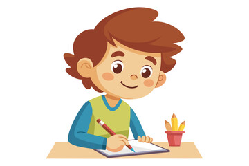 Colorful and cheerful illustration of a cartoon boy sitting at a wooden desk, writing in a notebook with a blue pen