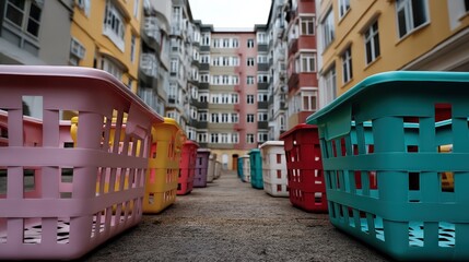 A lively urban courtyard lined with colorful laundry baskets, creating a vibrant and playful scene that embodies community, daily life, and the charming simplicity of everyday tasks against a backdro
