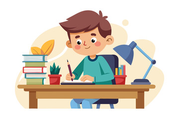 Colorful and cheerful illustration of a cartoon boy sitting at a wooden desk, writing in a notebook with a blue pen