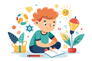 Colorful and cheerful illustration of a cartoon boy sitting at a wooden desk, writing in a notebook with a blue pen