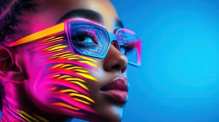 This striking portrait showcases a woman adorned with vibrant neon face paint and stylish glasses, creating a captivating blend of modern artistry and self-expression that evokes emotions of creativi