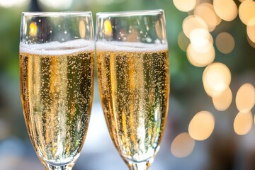 Close-up of sparkling champagne glasses with bokeh lights