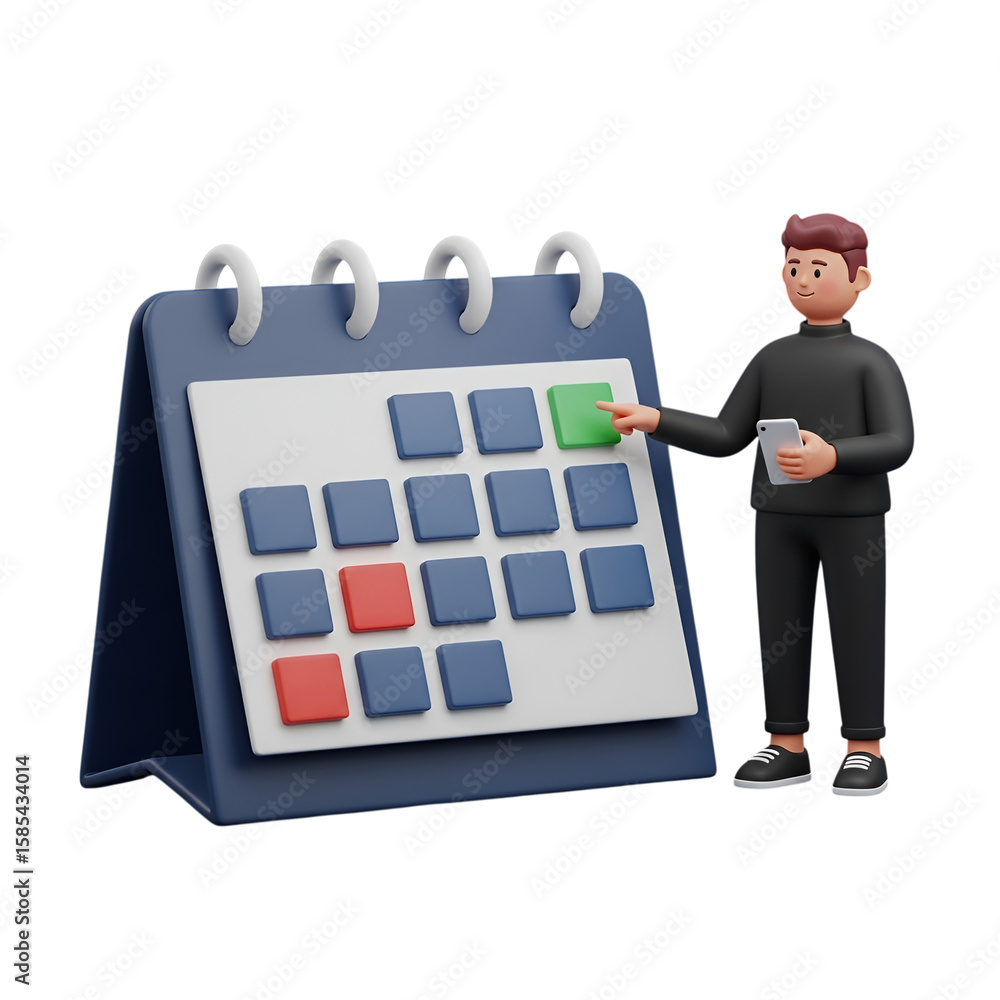 Poster 3d icon of a man selects a date on a calendar isolated on transparent background