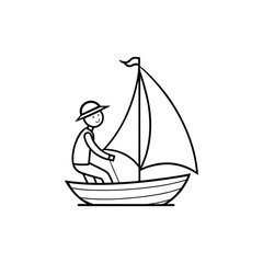 Simple line drawing of a person sailing a boat with a hat isolated on a white background