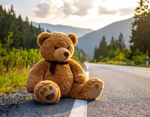 Adorable teddy bear sitting on a sunny mountain road with lush green trees and distant mountains, evoking childhood nostalgia, warmth, and serene nature.