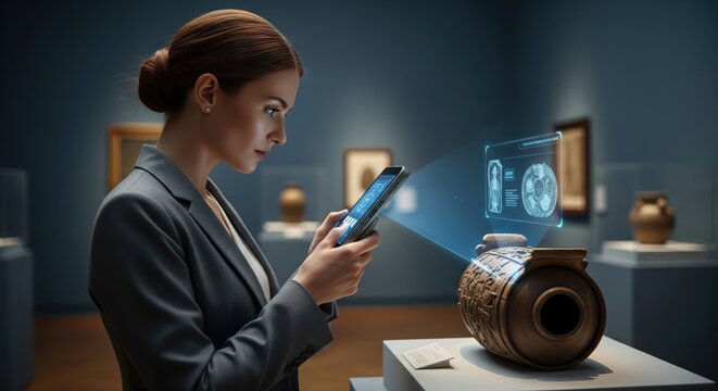 A visitor in a museum uses a smartphone with augmented reality to interact with an ancient artifact. - Powered by Adobe