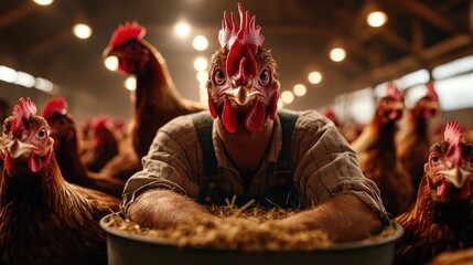 This captivating scene depicts a farmer nestled among chickens, showcasing the bond between humans and animals in agriculture. The warm ambiance reflects the harmonious life on a farm, filled with ge