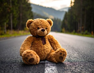 Cute teddy bear sitting on a forest road with blurred trees and mountains in the background, evoking warmth, childhood nostalgia, and peaceful nature.