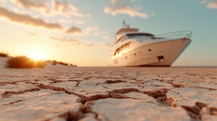 This surreal image depicts a luxurious yacht stranded on barren, cracked land, starkly illustrating the effects of climate change and drought. The contrast between wealth and environmental degradatio