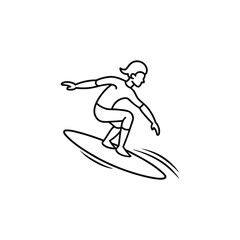 Stylized line art illustration of a surfer riding a wave isolated on a white background
